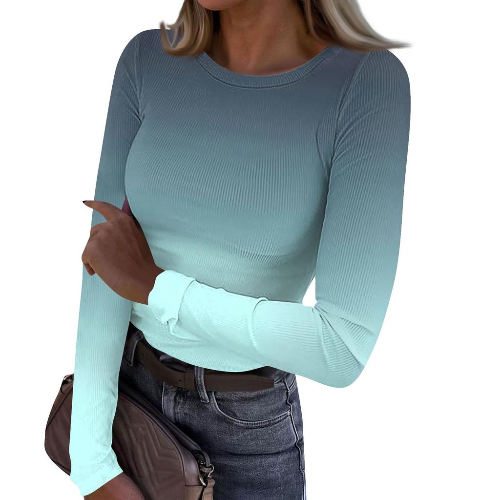 Women's Autumn And Winter Slim Bottom T-shirt Fashion Casual Gradient Printing Round Neck Pullover Long Sleeve Top