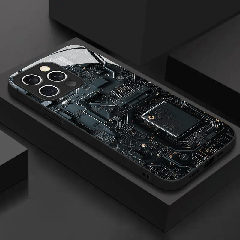 Черный Крутой Чехол для Телефона из Стекла с Рисунком Печатной Платы Для iPhone 17 Pro Max 16 15 14 13 12 11 Pro 16E 17Air 7 8 Plus XR XS X Чехол
