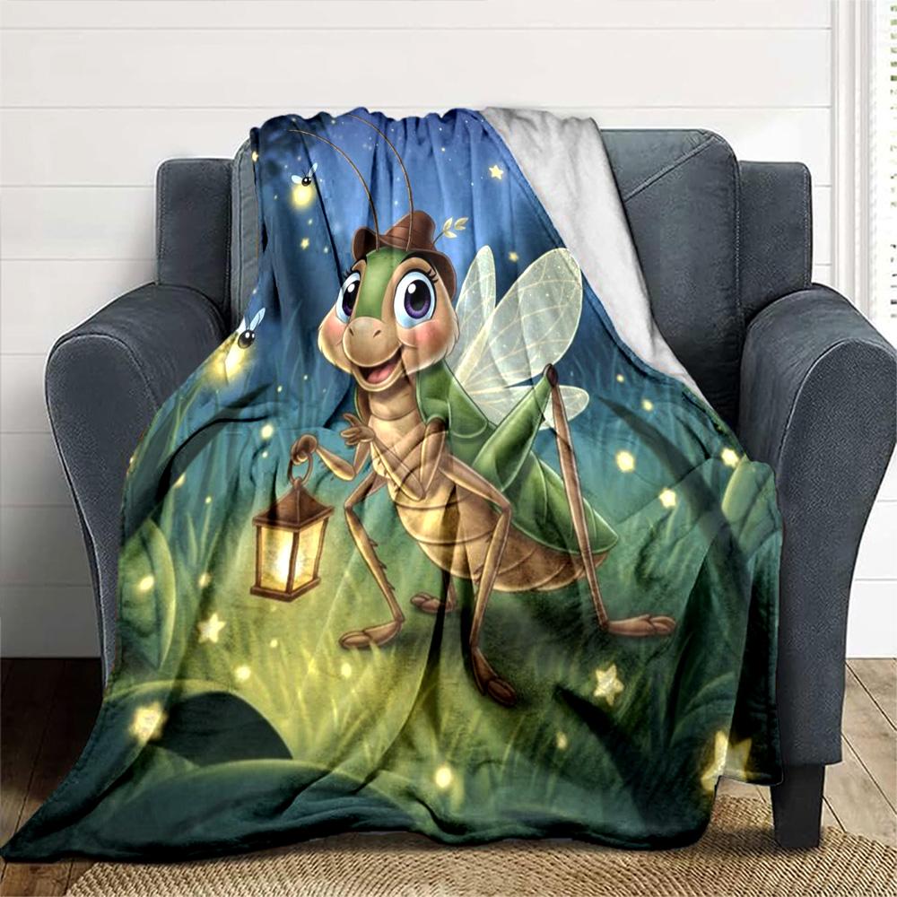 Cute Cricket Holding Lantern Firefly Starry Night Grassland Print Flannel Blanket Soft Warm Throw Blanket For Sofa Bedroom