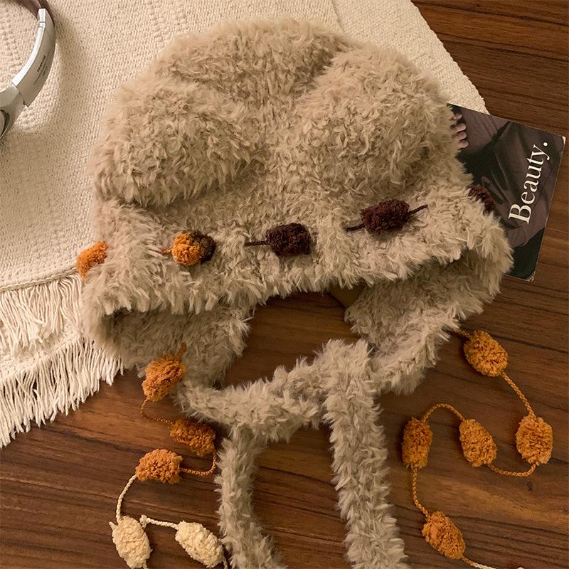 Теплая плюшевая шапка с ушками медведя и кошачьим бантом для женщин – защита ушей на осень/зиму с открытым лицом
