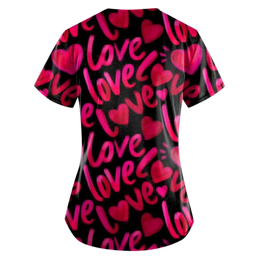 Plus Size Printed Scrub Working Uniform Tops For Women's V-Neck Short Sleeve Fun T-Shirts Workwear Tee With Pockets