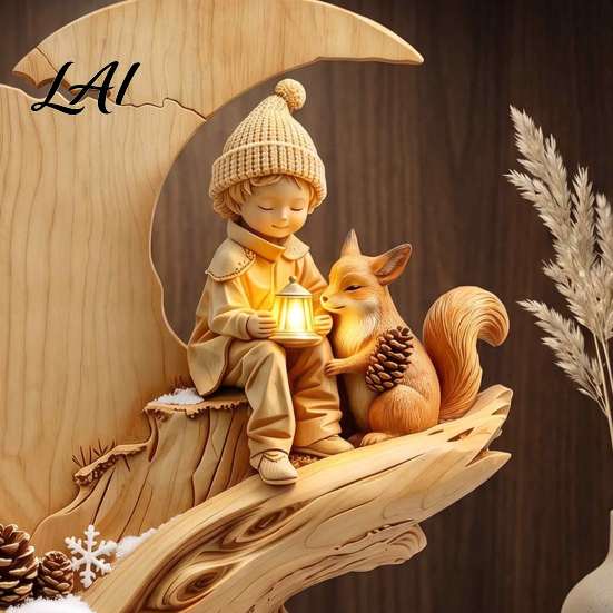 Fox Themed Sculptures Fairy Tale Little Figurine Rustic Wooden Boy and Desktop Statue Artistic Carved