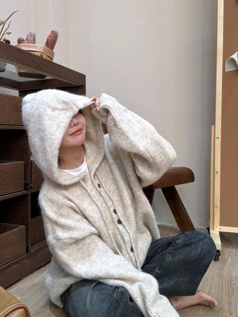 Мягкий клейкий вязаный кардиган с капюшоном для женщин, осенне-зимний утолщенный корейский стиль, ленивый, расслабленный, средней длины свитер