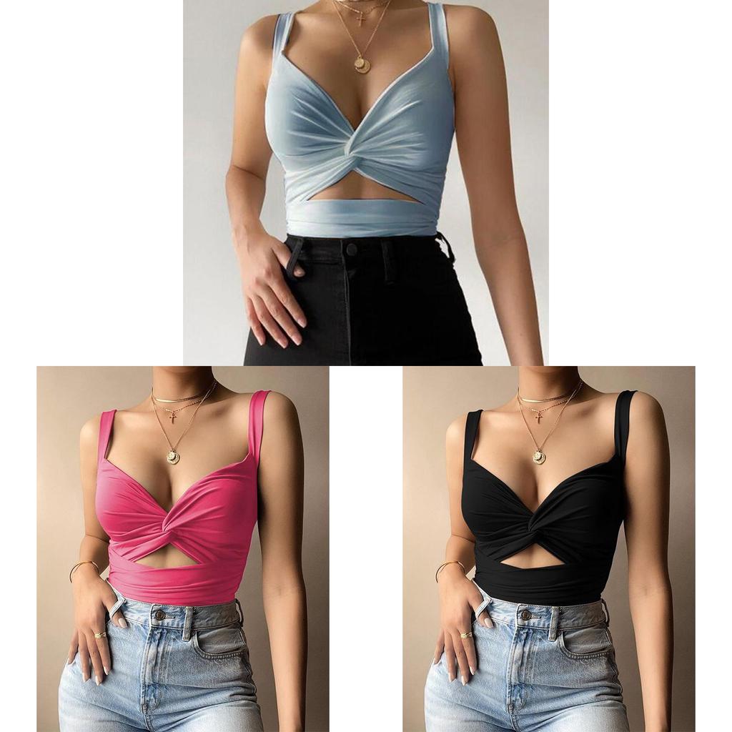 Women Summer Vneck Tank Top With Tiefront Elastic Band For Street Fashion