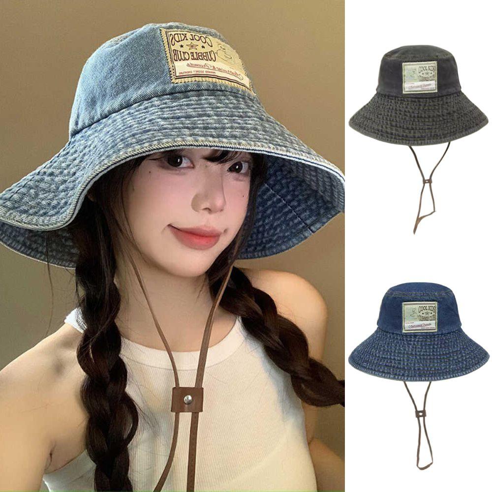 Hot Sun Protection Women Denim Bucket Hat With Drawstring Windproof Big Brim Sun Hat Retro All-match Western Cowboy Hats Spring