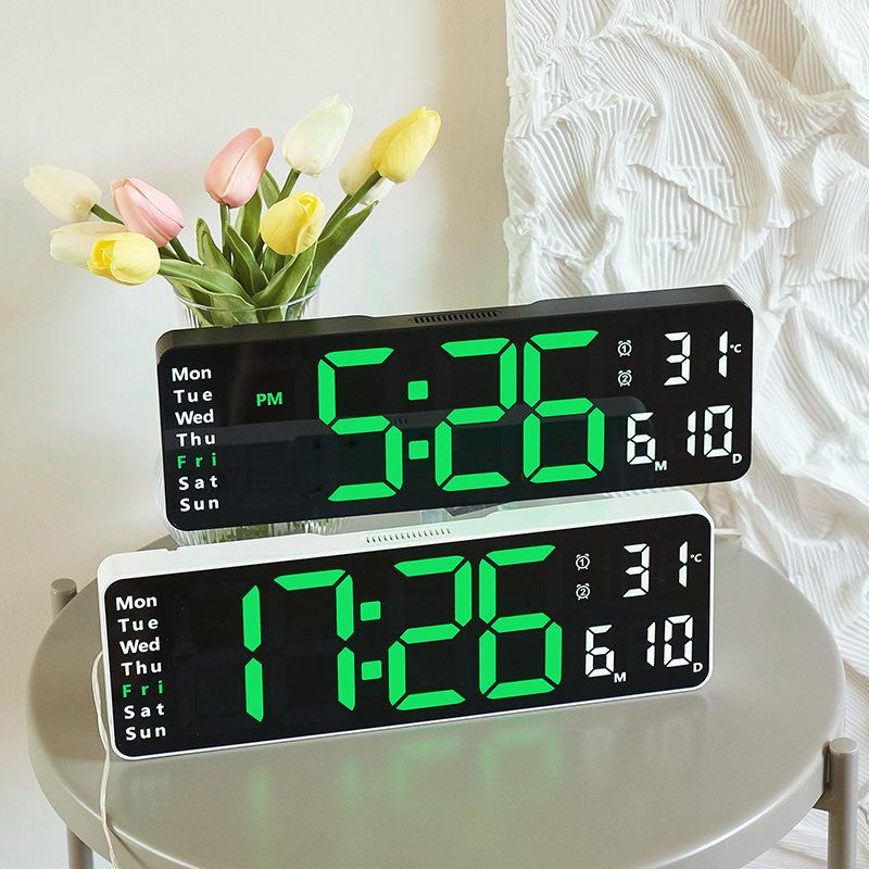13" Large Display Digital Clock, 2-in-1 Tabletop & Wall Mount, Temperature, Day of Week, Multiple Alarms, Minimalist Living Room Clock, 6629