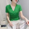2024 Лето V-образный вырез Тонкий короткий рукав сетчатая футболка пуловер для женщин