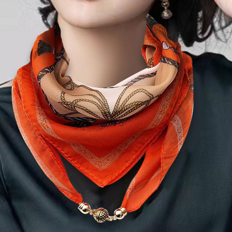 Women Necklace Accessories Chiffon Silk Scarf Magnetic Buckle Necklace Pendant Printed