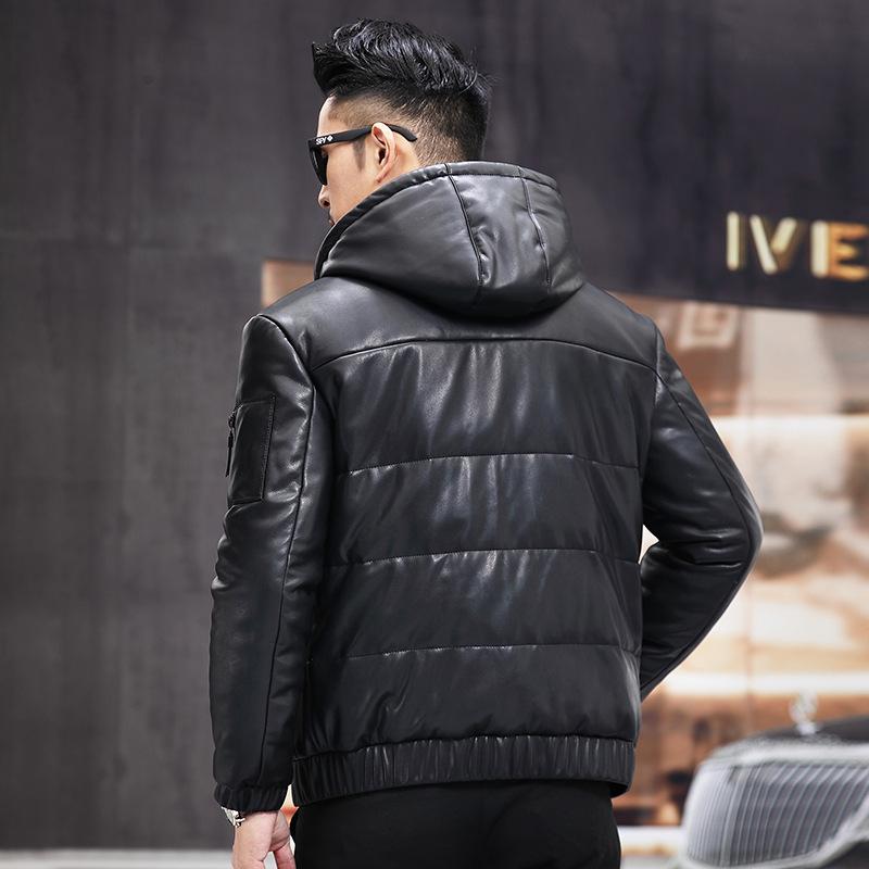 Winter New Sheepskin Genuine Leather Coat Men's Down Coat Short Hooded Slim Fit Korean Leather Jacket Coat