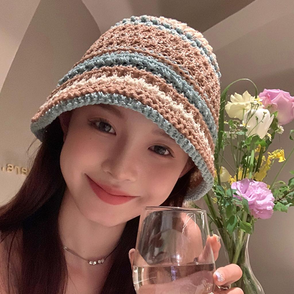 Summer Sunproof Crochet Bucket Hat Ladies Spring Commute Camping Fisherman Cap with Stripe Pattern for Girlfriend