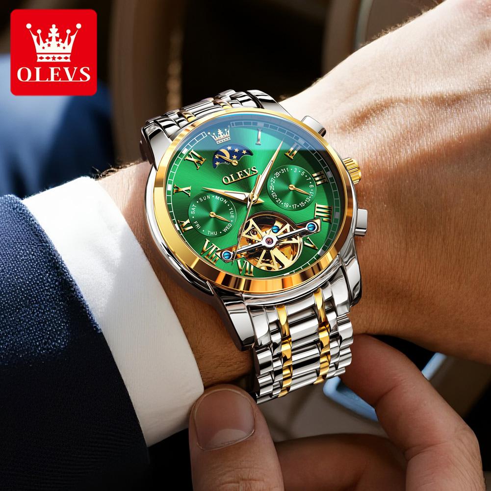 OLEVS Watches For Man Moon Phase Luxury Stainess Steel Flywheel Mechanical Hand Clock Date Waterproof Luminous Man Watch 6617