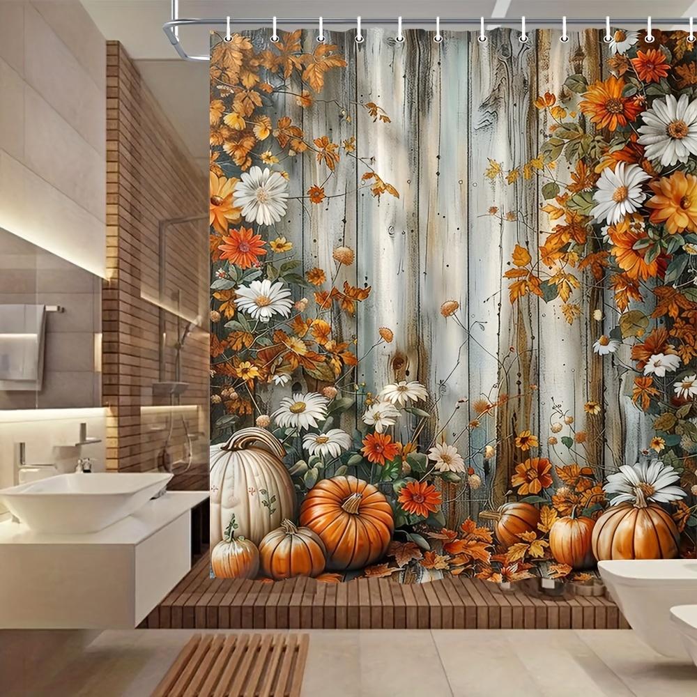 Shower Curtain: Rustic Autumn Design with Pumpkins, Flowers, and Wooden Background for a Cozy and Festive Bathroom Decor