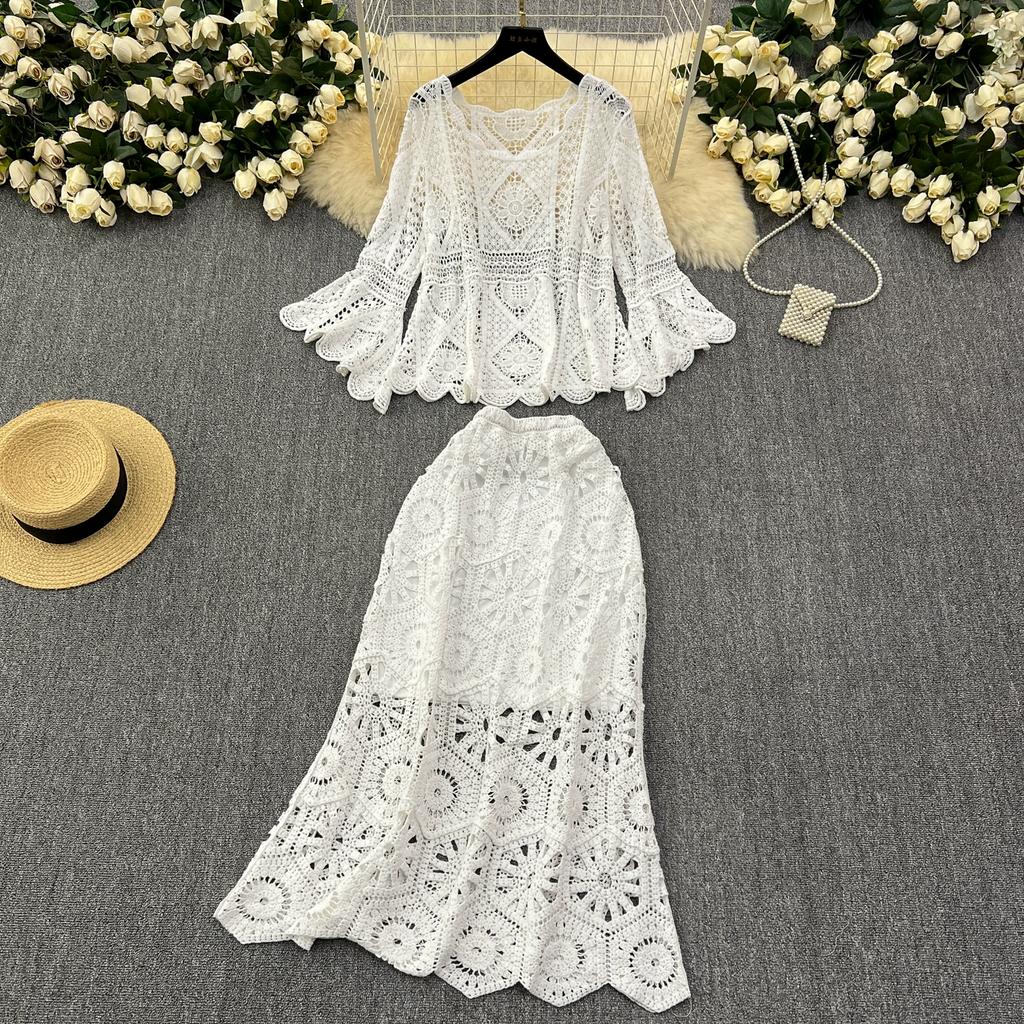 Dimanaf New 2025 Skirt Suit Women Knitting Beach Short Sleeve Lace Hollow Out Sexy O-Neck Hollow Summer Style Tops Tees Loose Basic