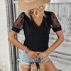 Summer Women Solid Color Short-sleeved T-shirt Female V Neck Lace Blouse Tops