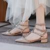 Spring and Summer New Rivet Pointed Low Heel Shoes Leather Women's Straps Color Matching Thick Heel Middle Heel Sandals Women's Summer