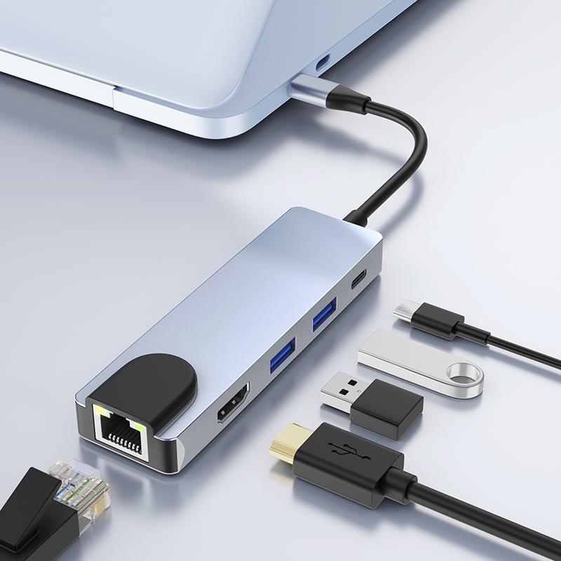 5 in 1 Usb Hub 3.0 to 2USB+PD+HDMI+RJ45(100Mbps) Docking Station Type C hdmi Hub 5 in 1 Type C Adapter for Book Pro