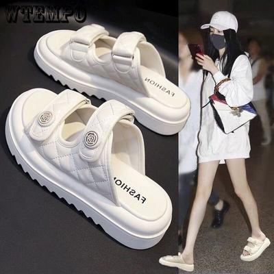 Черные тапочки на толстой подошве, женские летние верхняя одежда, сандалии на плоской подошве, пляжная обувь, женская