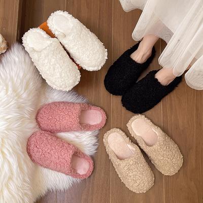 Тапочки из овечьей шерсти женские 2025 новый зимний корейская версия на плоской подошве ленивые туфли-мюли с бархатным мешком на мыске полусапожки