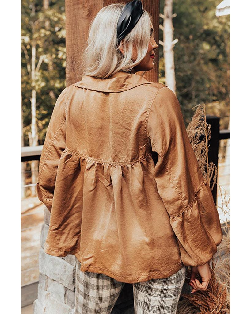 Azura Exchange Brown Puff Sleeve Collared Pleated Babydoll Blouse