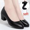 Women's Comfortable Black Leather Work Shoes for Flight Attendants with Medium Chunky Heel