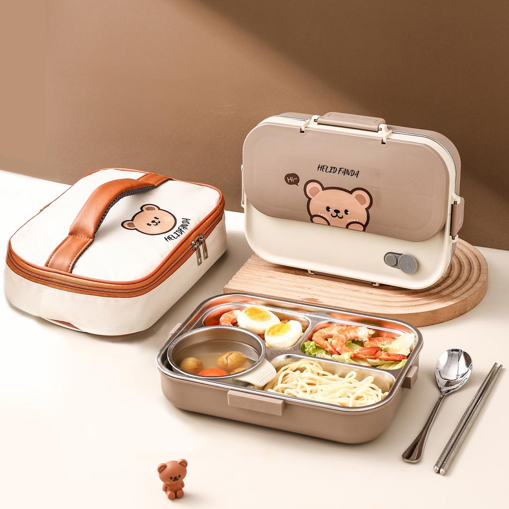4 Grids Bento Lunch Box With Bowl&Cutlery Microwave 304 Stainless Steel Leak-proof Food Container For Student Adult