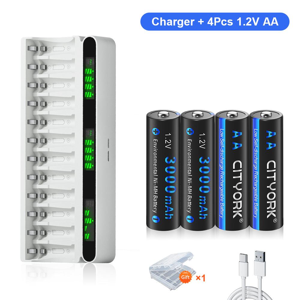 Charger and Battery Combo Kit 12 Slot Smart LCD USB/Type-C Hybrid 1.2V Battery Charger + 1.2V AA/AAA NiMH Rechargeable Battery