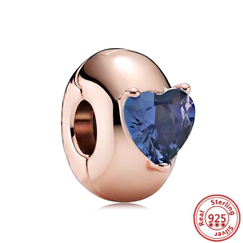 Hot Sale Rose Gold Series Pink Zircon Leaves Heart Pendant Sparkling Clip Bead Fit Charm Bracelet DIY S925 Silver Jewelry