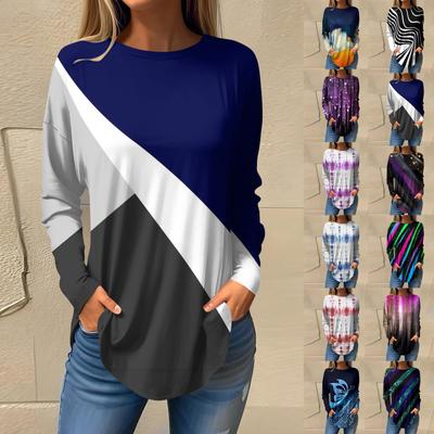 Футболки для женщин, осенние повседневные рубашки с длинными рукавами, толстовка, топ с геометрическим принтом, пуловер