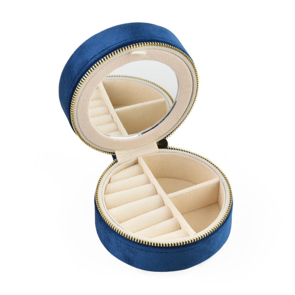 Custom Logo Round Velvet Jewelry Box with Mirror Portable Travel Zipper Rings Earrings Necklaces Jewelry Storage Box