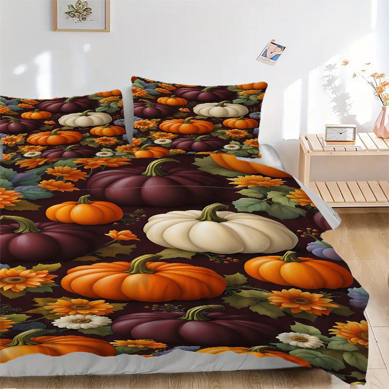 3pcs Pumpkin Harvest Bedding Set, Includes 1 Comforter + 2 Pillowcases, Without Pillow Inserts, Soft Comfortable, Lightweight Breathable063