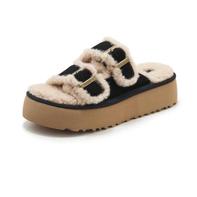 Женские черные тапочки TRAF на толстой подошве, винтажные туфли из искусственной шерсти на толстом каблуке, плоские туфли 2024 года, повседневные удобные тапочки для отдыха на природе