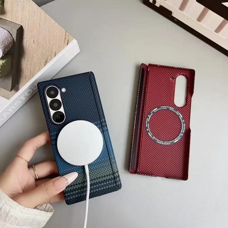 Роскошный невидимый магнитный шарнирный чехол для телефона Samsung Galaxy Z Fold 7 6 5 с текстурой углеродного волокна, поддержка беспроводной зарядки, противоударная крышка