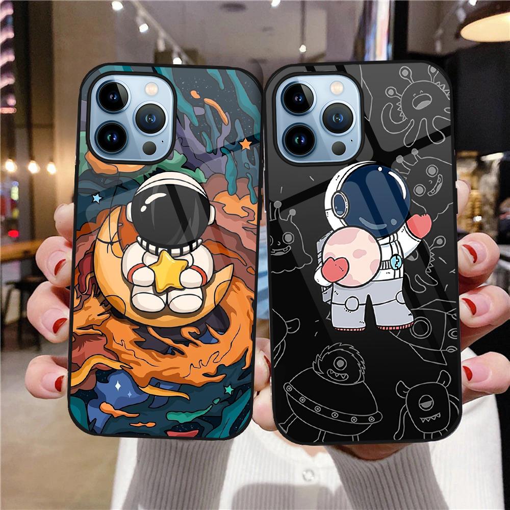 Чехол с милым астронавтом с рисунком для Iphone 11 14 13 12 Pro Max Mini Xs Xr X 7 8 6s Plus Se 2022, задняя крышка из закаленного стекла, чехол