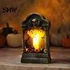 LED Atmosphere Light Tombstone Candle Lantern, Lighted Spooky Graveyard Table Lamp, Halloween Holiday Party Supplies Small Night for Haunted House Bar