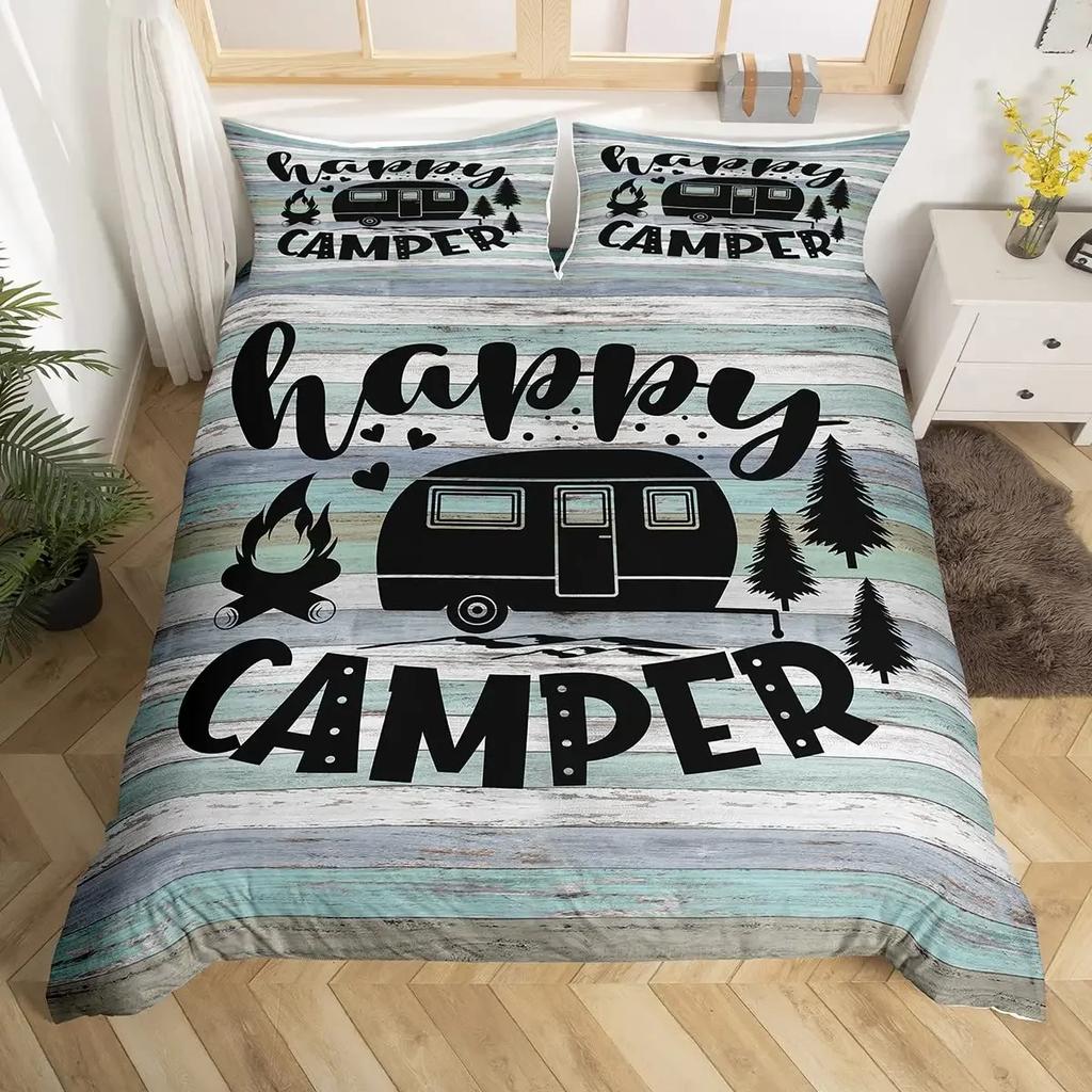 Rustic Farmhouse Style Duvet Cover Set 2/3 Pcs Old Barn Door Comforter Cover Happy Camper Print Black Sketch Drawing Quilt Cover