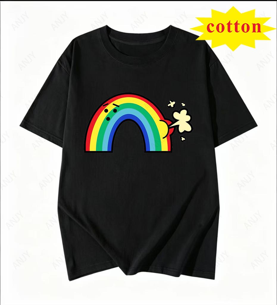 Fun Cartoon Rainbow Unisex Print Tshirt Pure Cotton Loose Short Sleeve Unisex Summer Casual Top