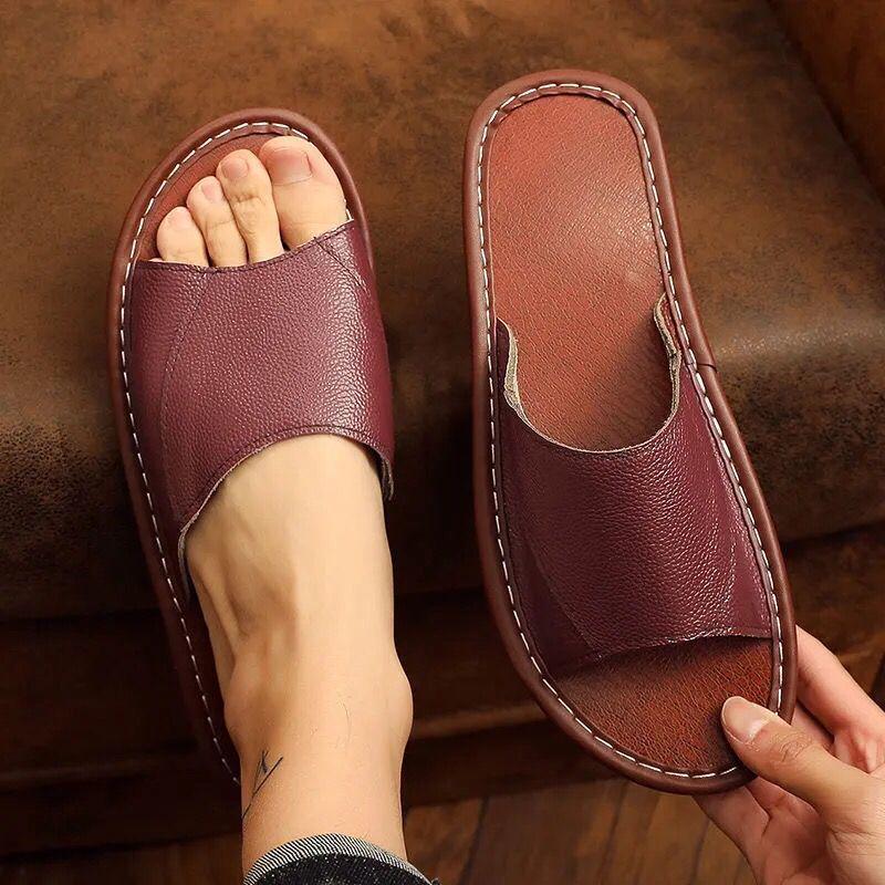 Унисекс тапочки из натуральной коровьей кожи: Нескользящий, Удобный, Повседневный и Крутой для Всех Сезонов