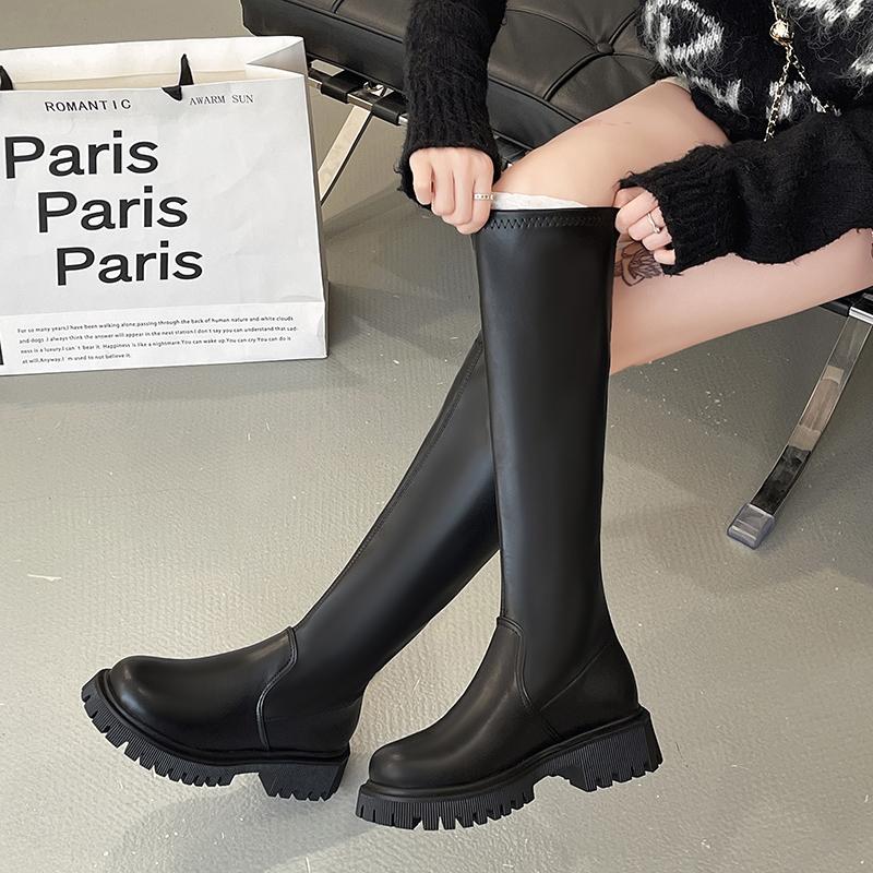 Мода 2024 года, горячая распродажа, новые осенне-зимние женские элегантные ботинки с круглым носком, однотонные, износостойкие женские туфли длиной до колена