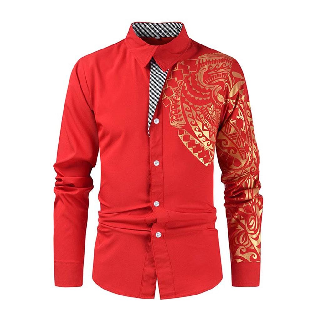 Мужские деловые рубашки Мужская классическая рубашка Повседневная уличная одежда Черная золотая печать Рубашка с принтом Дизайн отложной воротник Мужские топы