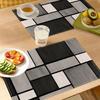 Of 4, Black And Grey Geometric Table Mats, 12X18 Inches Linen Rectangular Table Mats, Contemporary Geometric Plaid Design for Holiday Celebrations