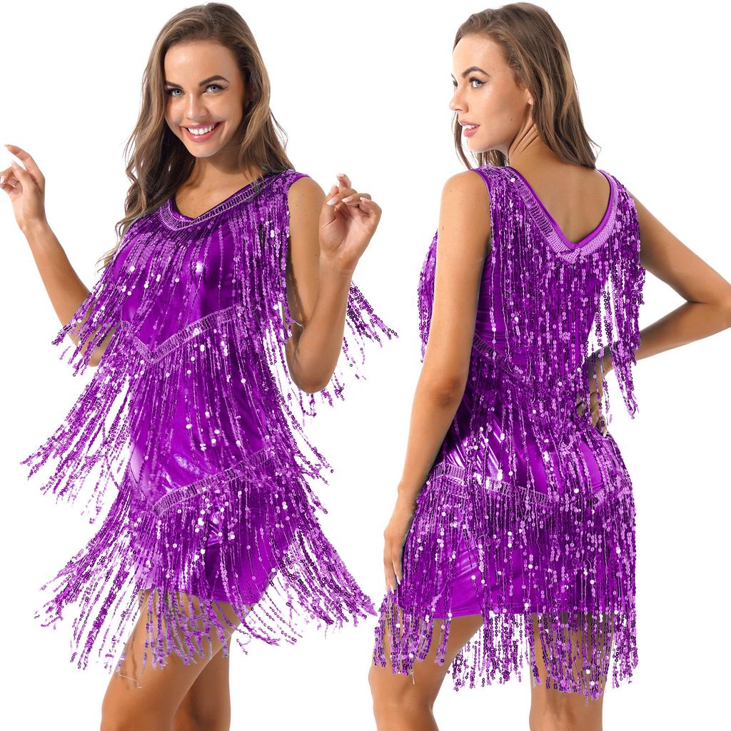 Women's Glitter Sequin Ballroom Latin Dance Dress Sleeveless Sparkle Party Cocktail Dresses