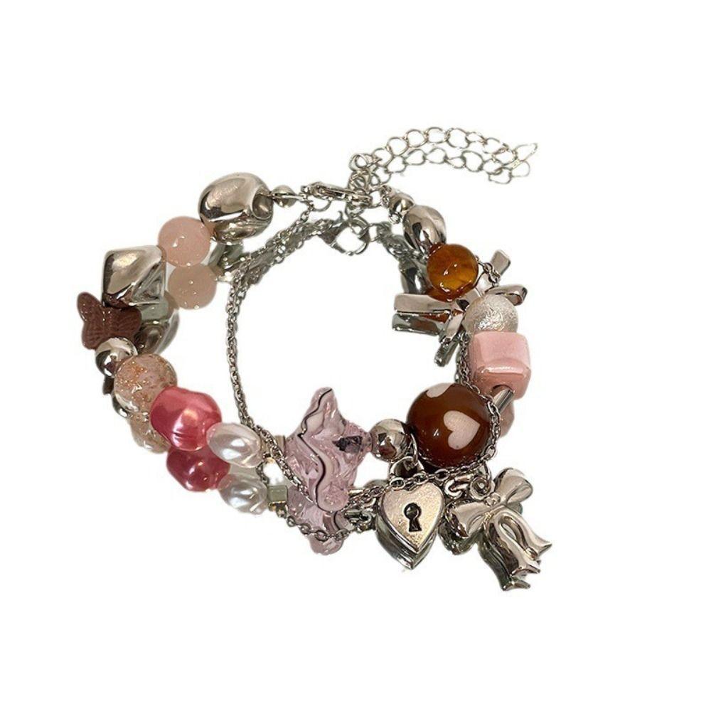 Y2K Pentagram Star Bangle Bow 2 Layer Hand Chain Exquisite Black Cat Heart Bracelet  Girl