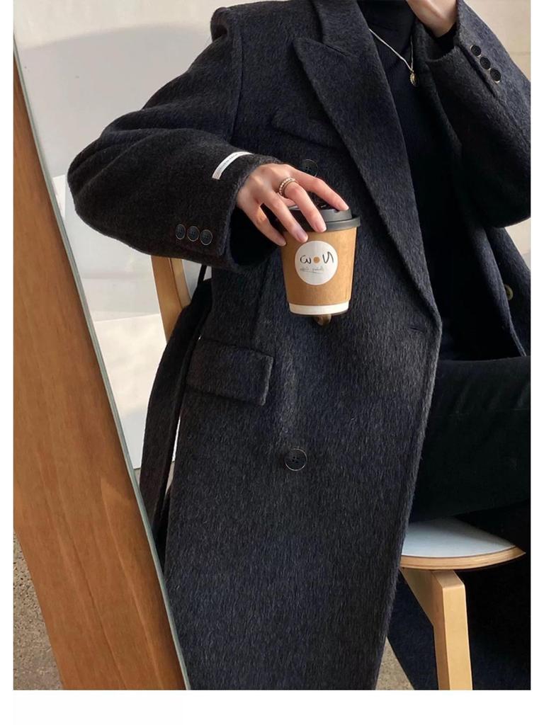 Женское длинное двубортное пальто из кашемира и шерсти с поясом