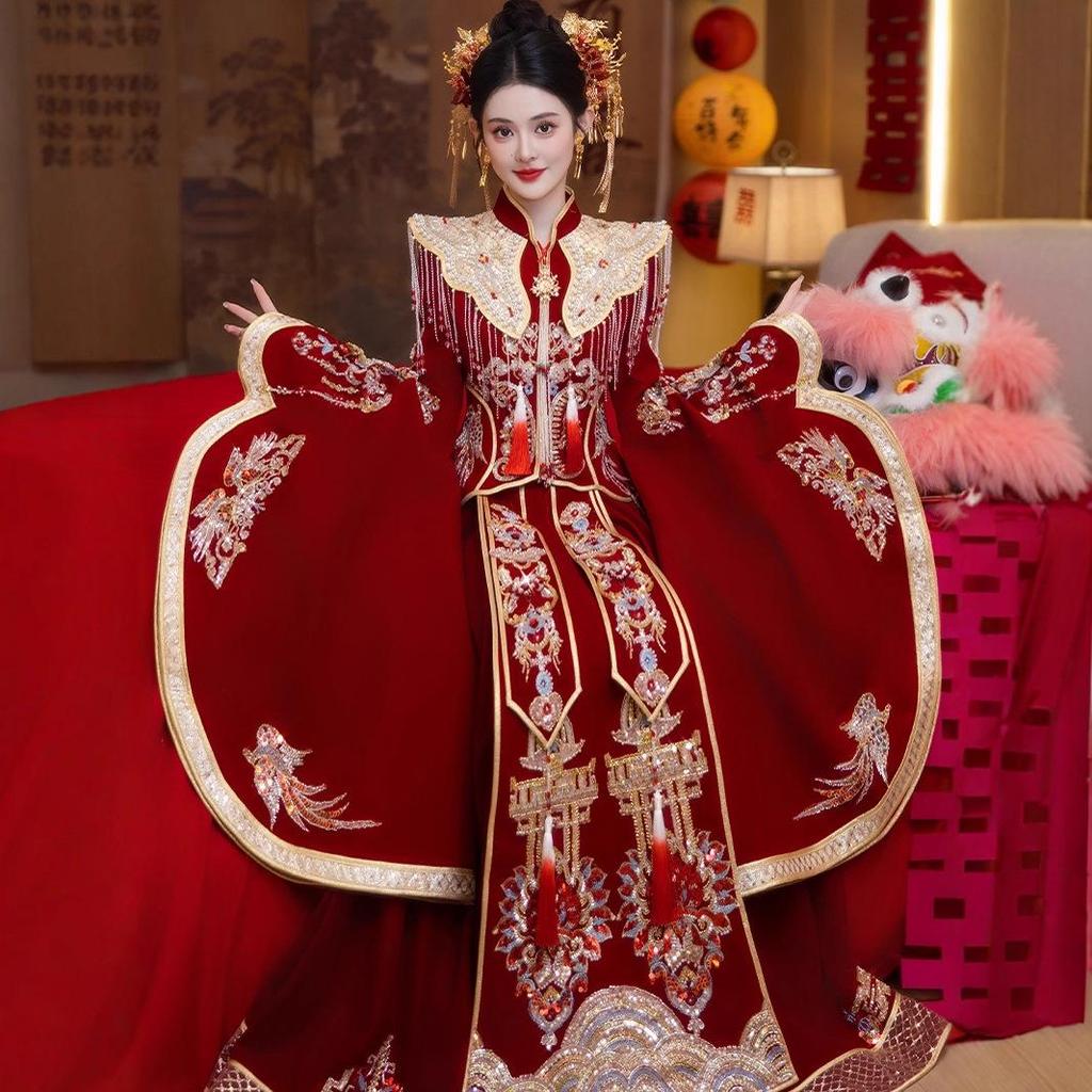 2025 Plus Size Xiuhe Dress with Phoenix Crown & Xiapei - Chinese Wedding Toasting Gown