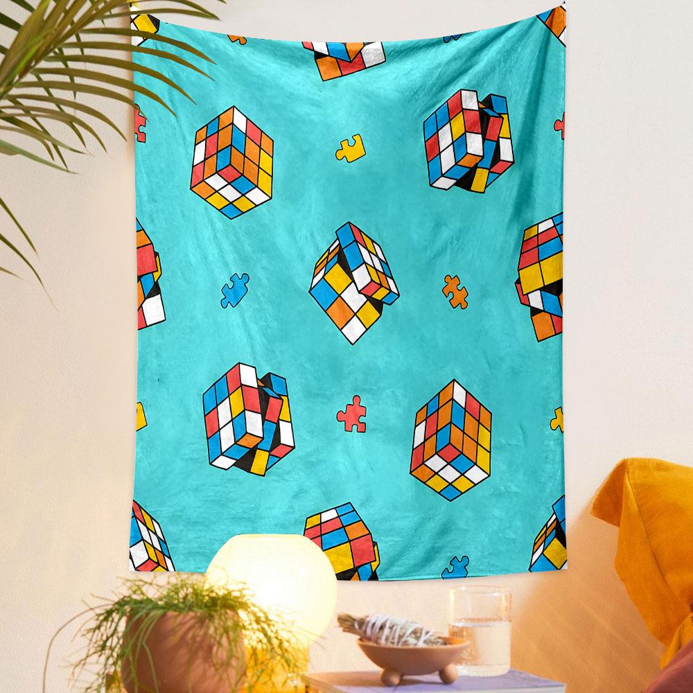 Colorful Rubik's Cube and Puzzle Pattern Patterned Tapestry Decorative Wall Hanging, Home Bedroom Living Room Decor