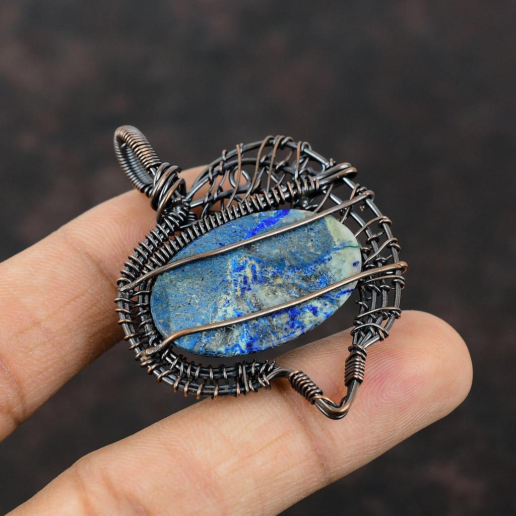Azurite Malachite Pendant Copper Wire Wrapped Pendant Unique Copper Design Jewelry Handmade Gemstone Pendant Wire Wrap Jewelry Gift For Her