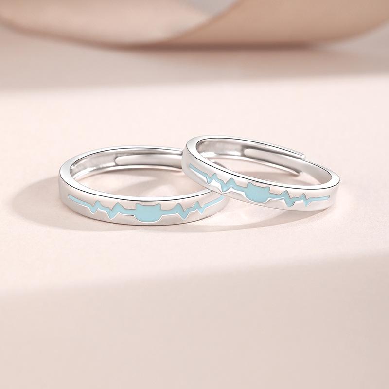 Korean Style Sterling Silver 999 Luminous Heartbeat Kitten Couple Rings