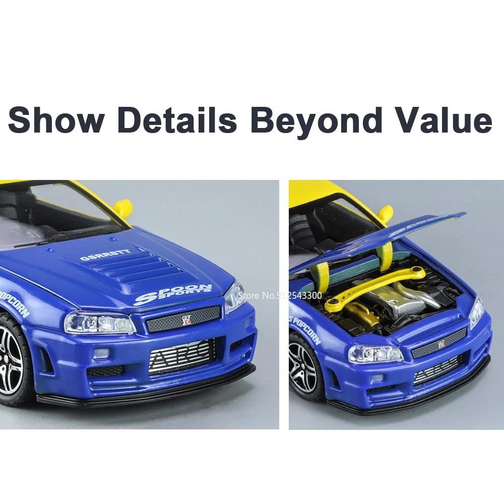 1/32 Nissan GTR R34 Модель автомобиля Игрушки Металлические литые имитационные транспортные средства со светом и инерционными игрушками Коллекция для мальчиков Подарки на праздники