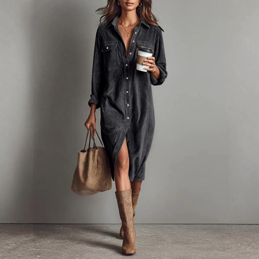 Женское модное повседневное однотонное вельветовое платье с рубашечным воротником, свободная длинная юбка