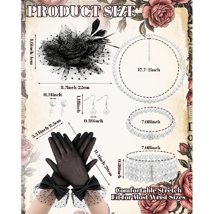 Hercicy 7 Pcs Tea Party Accessories Women Black Fascinator Hat Gloves | Vintage Set Pearl Necklace Bracelet Earrings, Elegant Attire Roaring 20s